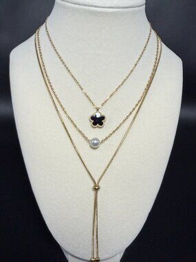 3 Separate Gold Necklaces Black Clover Pearl Lariat Set Minimalist Jewelry